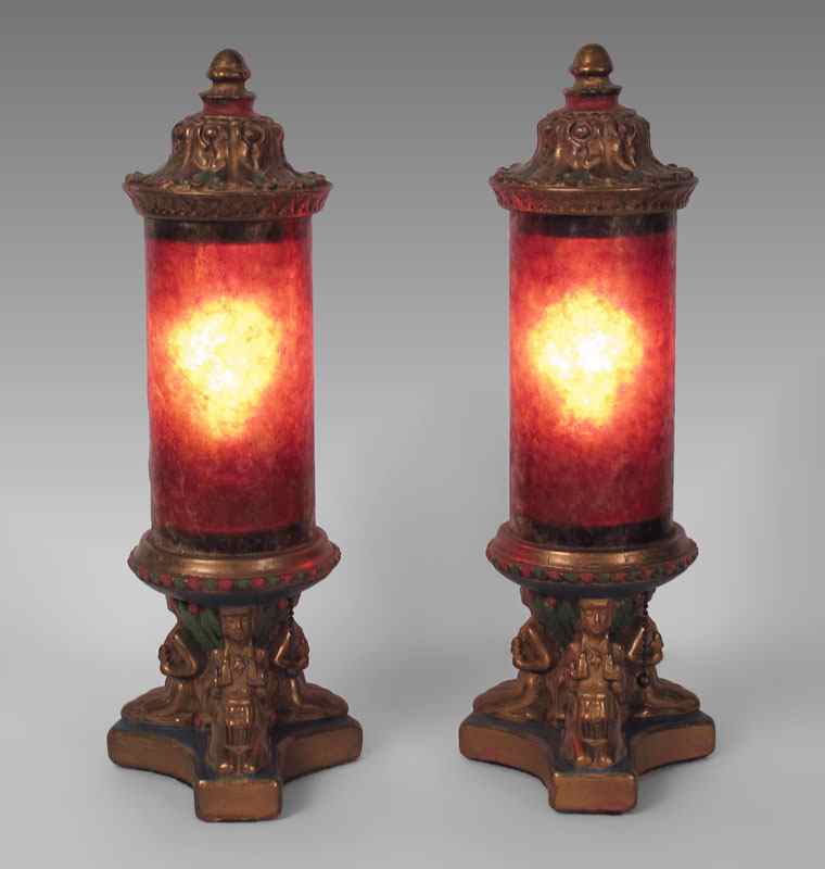 Appraisal: PAIR OF ART DECO MICA SHADE LAMPS Terra cotta polychrome