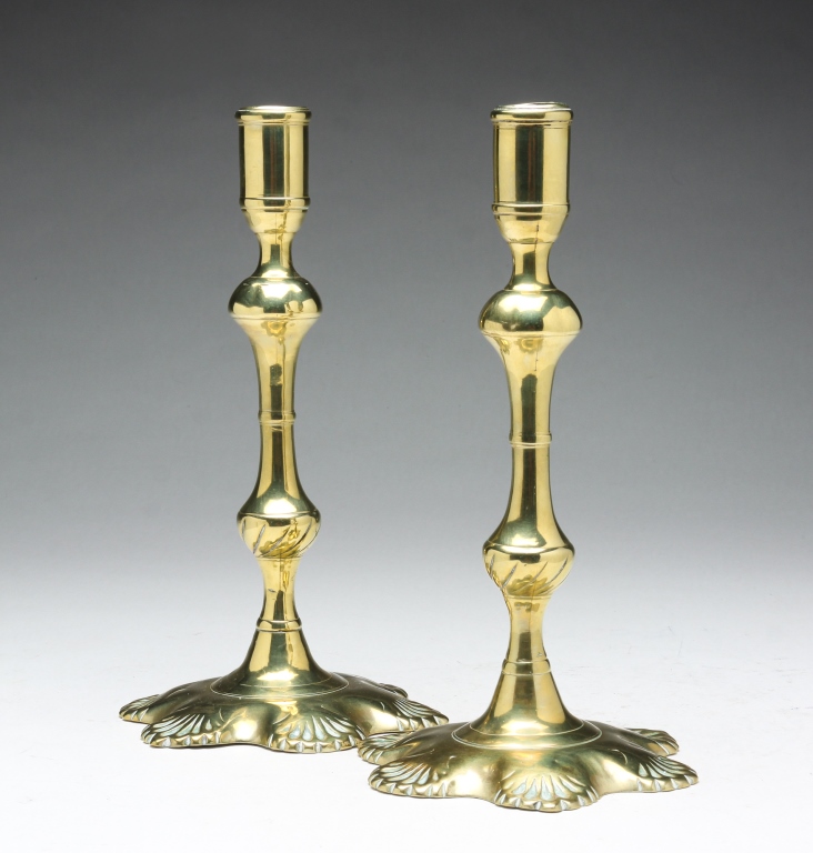 Appraisal: PAIR OF ENGLISH QUEEN ANNE BRASS CANDLESTICKS Mid th century