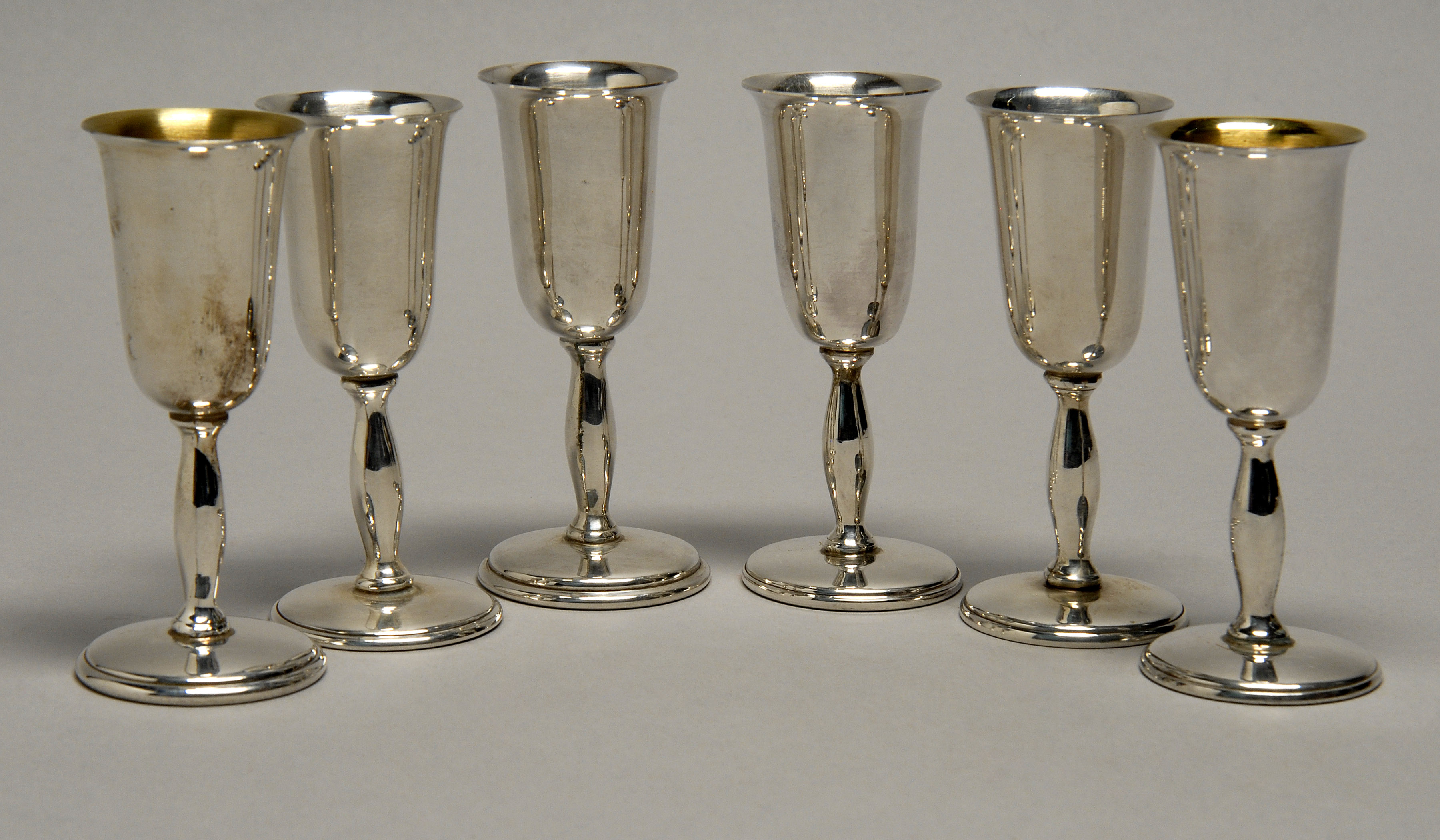 Appraisal: SIX STERLING SILVER CORDIALS BY J SCROTH JEWELERS In pedestal