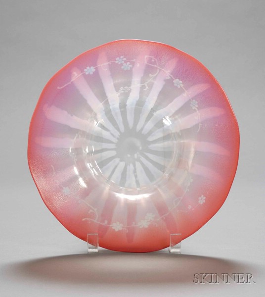 Appraisal: Red Opalescent Bowl Glass th century White striped deep bowl