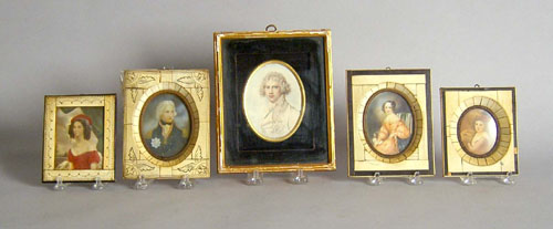 Appraisal: Four miniature portraits with ivory frames together with another portrait