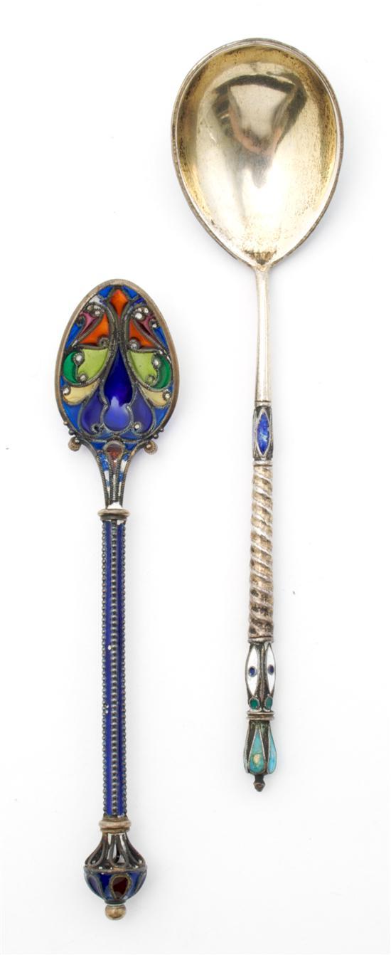 Appraisal: Group of Two Russian Enameled Silver Spoons one with heavily