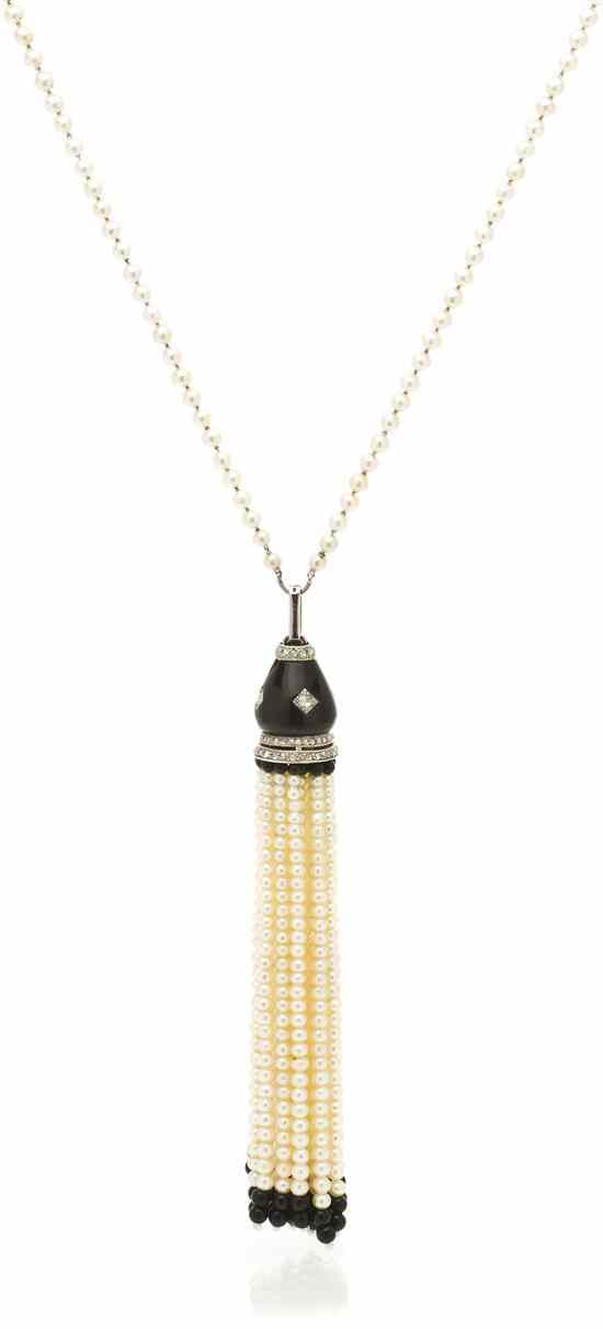 Appraisal: An Art Deco Platinum Natural Pearl Onyx and Diamond Necklace