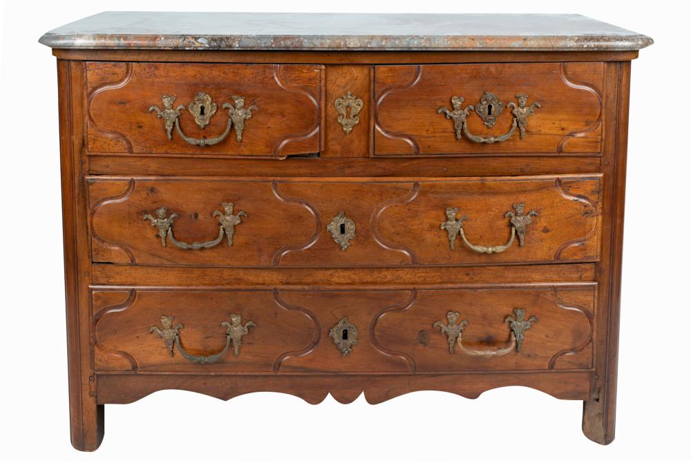 Appraisal: FRENCH PROVINCIAL COMMODEwith grey marble top over two short drawers