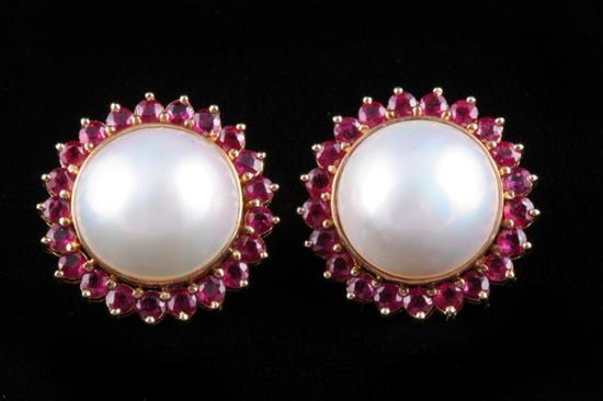 Appraisal: PAIR K YELLOW GOLD MABE PEARL AND RUBY EARRINGS Mabe