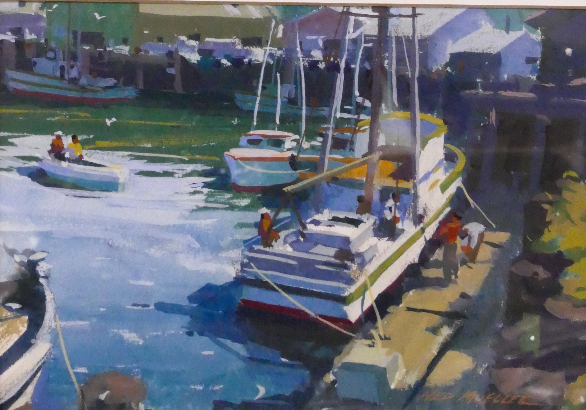 Appraisal: Ned Mueller Dock Scene Gouache Small Painting Framed- x ''