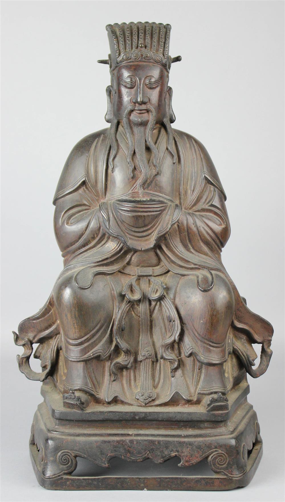 Appraisal: CHINESE BRONZE FIGURE OF A SEATED DIGNITARY the bearded scholar