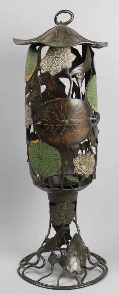 Appraisal: JAPANESE BRONZE AND CHAMPLEV LANTERN WITH LILY PAD TOP HINGED