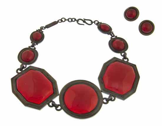 Appraisal: An Yves Saint Laurent Red Cabochon Suite disk earclips and