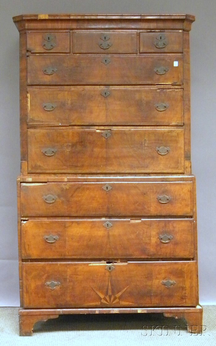 Appraisal: Georgian Walnut Veneer Chest-on-chest in two parts ht wd dp