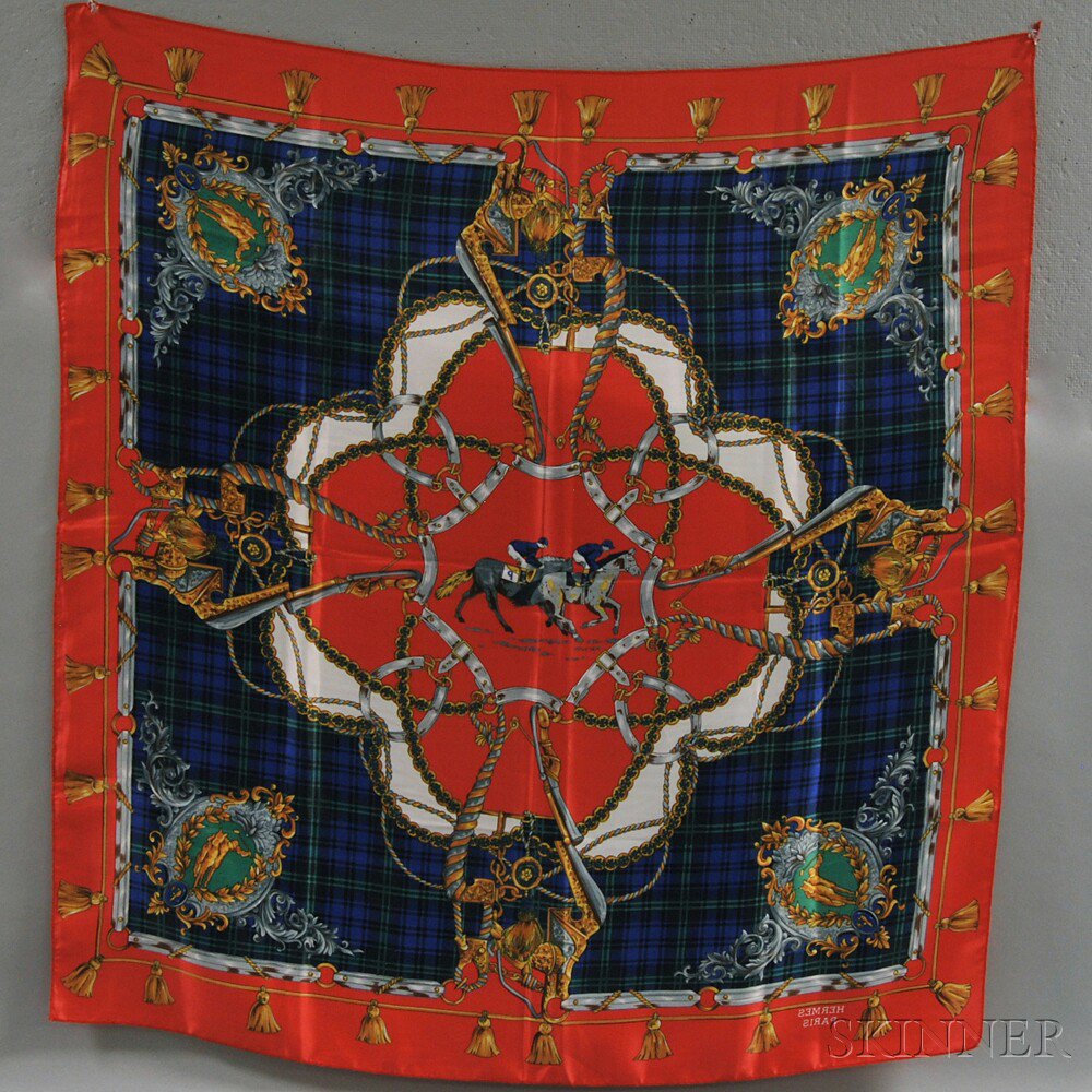 Appraisal: Hermes Red Blue and Green Plaid Silk Scarf with central