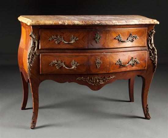 Appraisal: Louis XV style bronze-mounted marquetry inlaid walnut marble-top commode th