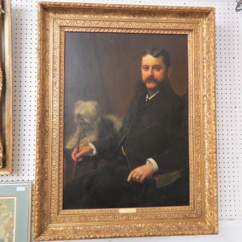 Appraisal: th Century Portrait of a Gentleman with Dog on canvas