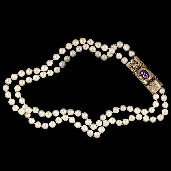 Appraisal: Vintage Cultured Pearl Double Strand A vintage clasp necklace made