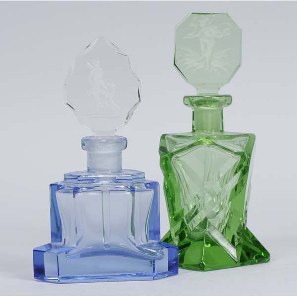 Appraisal: Two Art Deco Czech Glass Perfume Bottles with Intaglio Stoppers