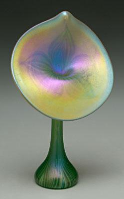 Appraisal: Tiffany style jack-in-the-pulpit vase iridescent green pink and gold with