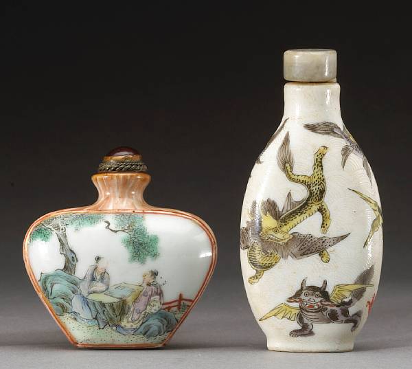 Appraisal: Two polychrome enameled porcelain snuff bottles Late Qing Republic Period