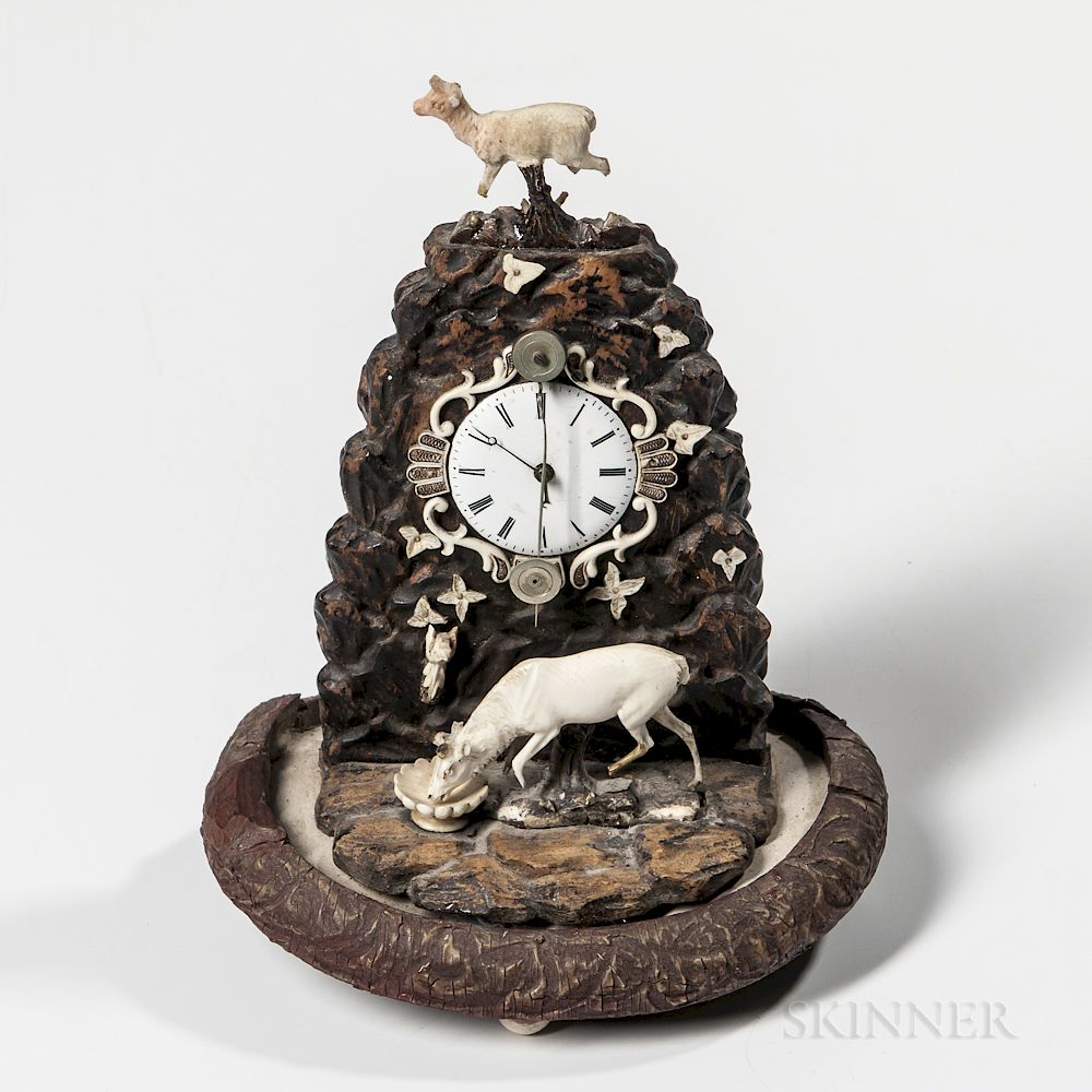 Appraisal: Miniature Carved Wood and Bone Zappler Clock Miniature Carved Wood