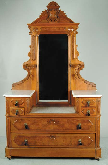 Appraisal: WALNUT VICTORIAN DROP CENTER MARBLE TOP CHEST WITH MIRROR Chest