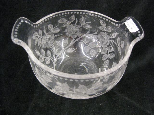 Appraisal: th Century Engraved Glass Bowl rose vine decor handled excellent