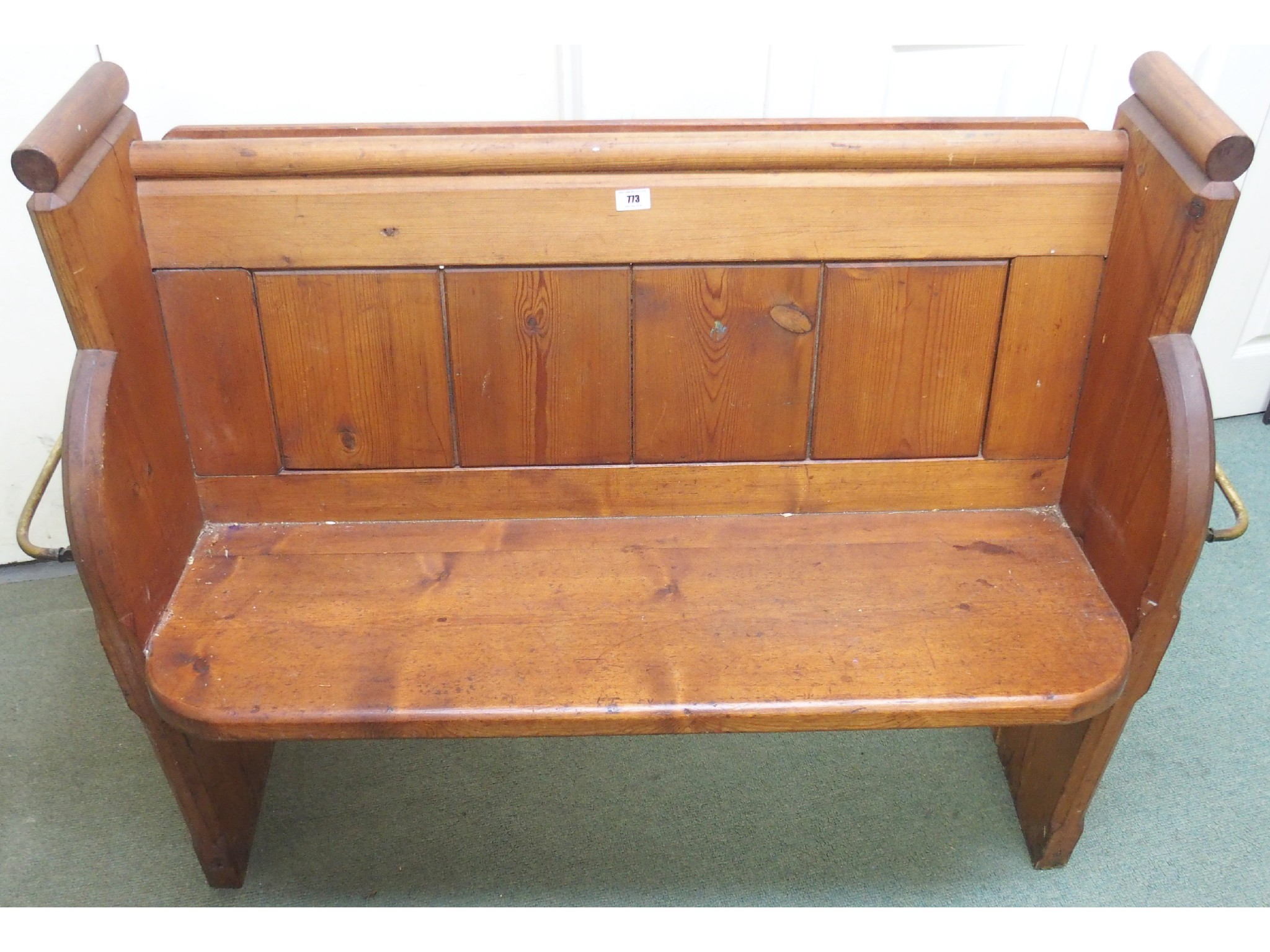 Appraisal: A Victorian small pine church pew with brass side handles