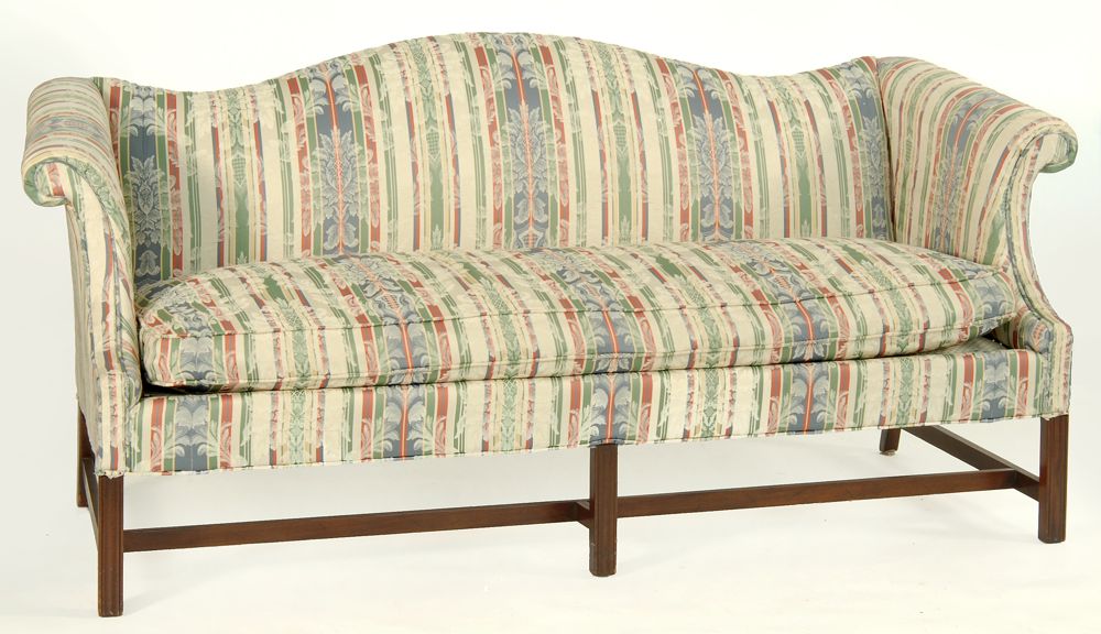 Appraisal: CHIPPENDALE-STYLE LOVE SEAT With striped upholstery Length