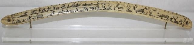 Appraisal: CA INUIT SCRIMSHAWED WHALEBONE BOWDRILL CRESCENT SHAPED DOUBLE SIDED ENGRAVED