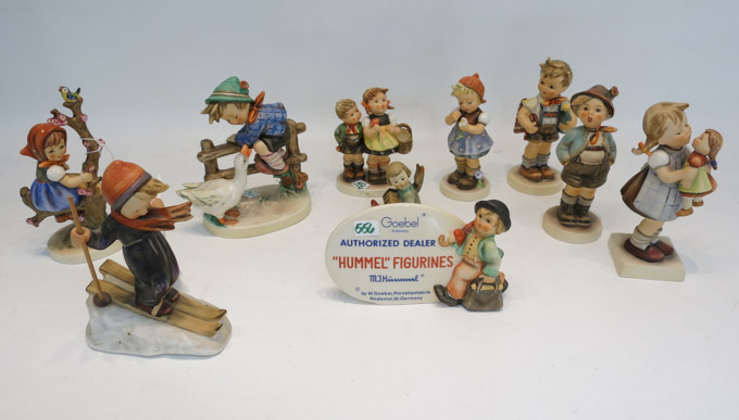 Appraisal: NINE HUMMEL PORCELAIN FIGURINES AND A PLAQUE trademarks from to