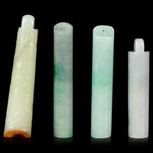 Appraisal: Four Jade and Jadeite Lingguan Pendants each of plain cylindrical