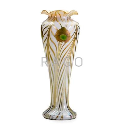 Appraisal: STEUBEN Fine and tall Aurene glass vase with peacock feathers