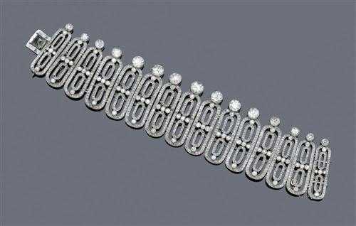 Appraisal: DIAMOND BRACELET ca Platinum Very fancy broad bracelet the elongated