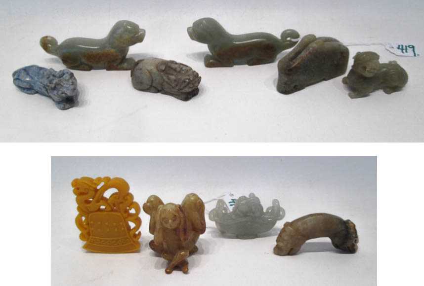 Appraisal: TEN CHINESE HARDSTONE AND JADE CARVINGS various forms colors and