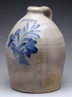 Appraisal: THREE GALLON STONEWARE JUG WITH BLUE FLOWERS Impressed marked COWDEN