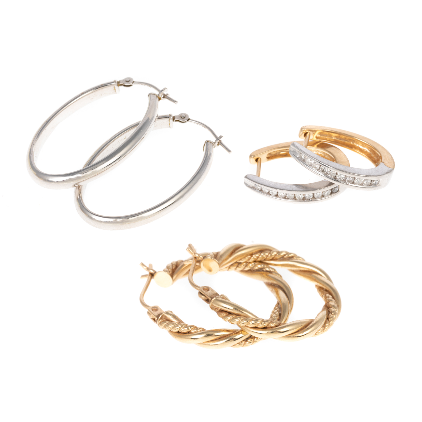 Appraisal: THREE PAIRS OF K HOOP EARRINGS K yellow and white