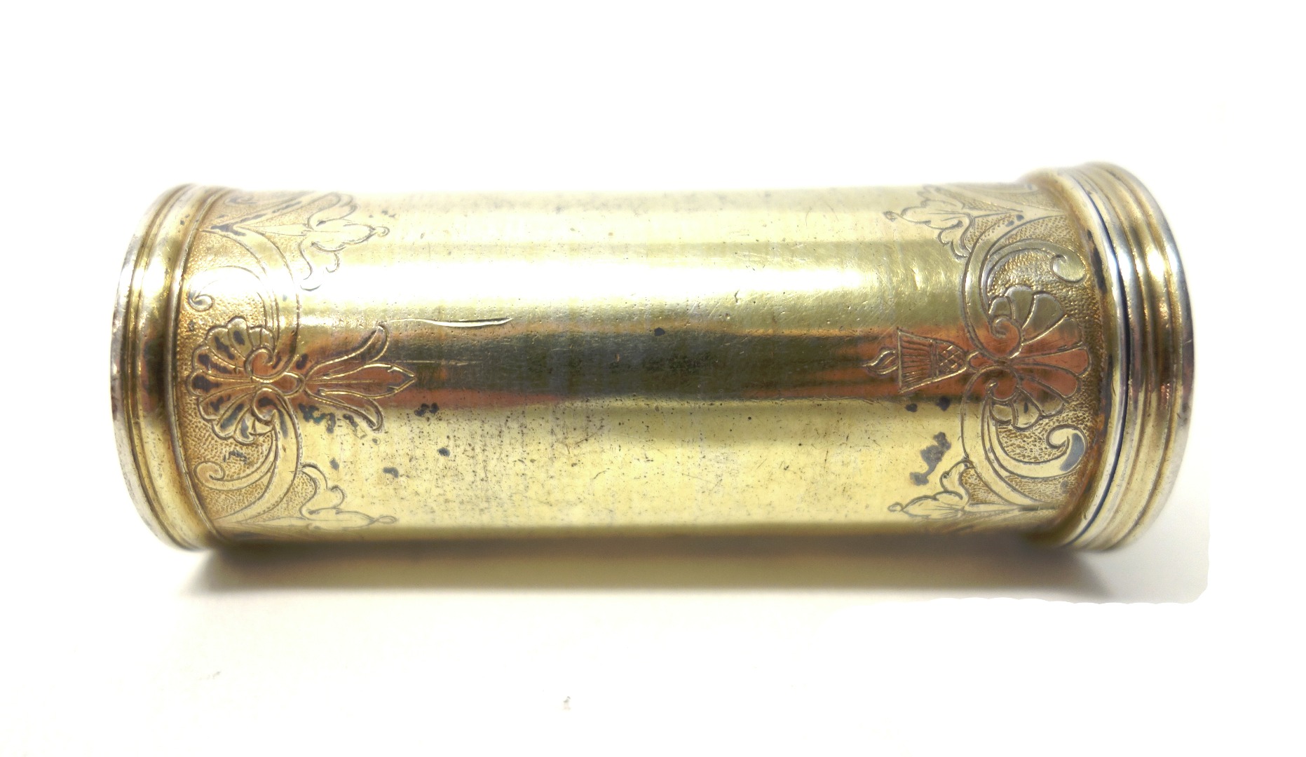 Appraisal: A silver gilt cylindrical counter box unmarked probably German circa