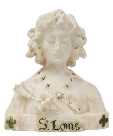 Appraisal: Carved alabaster sculpture Saint Louis bust with lilies signed G