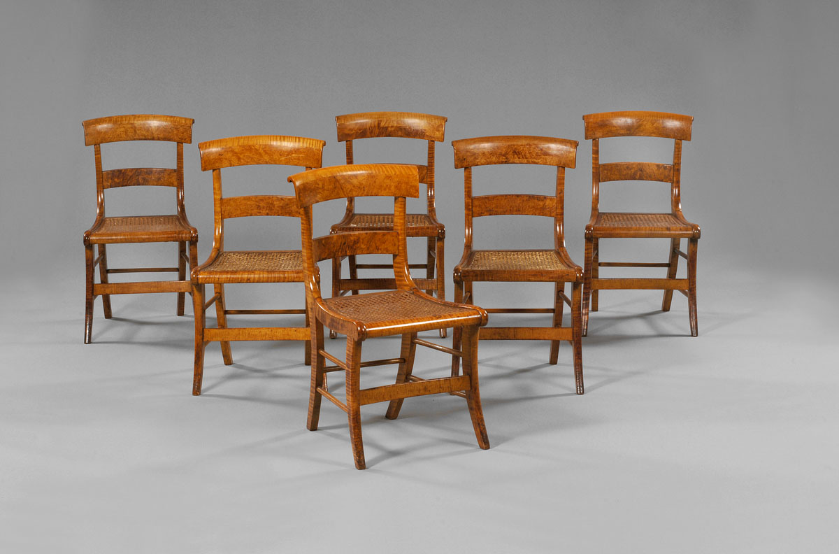 Appraisal: SET OF SIX NEW YORK CLASSICAL CURLY MAPLE KLISMOS CHAIRS