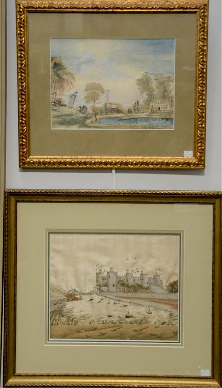 Appraisal: Three pictorial silk needlework landscapes to include a pair with