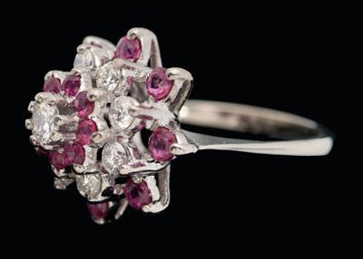 Appraisal: Diamond ruby cluster ring nine round brilliant-cut diamonds total estimated