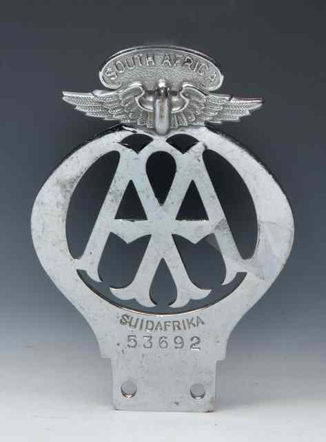 Appraisal: A SOUTH AFRICAN 'AA' BADGE Circa numbered high