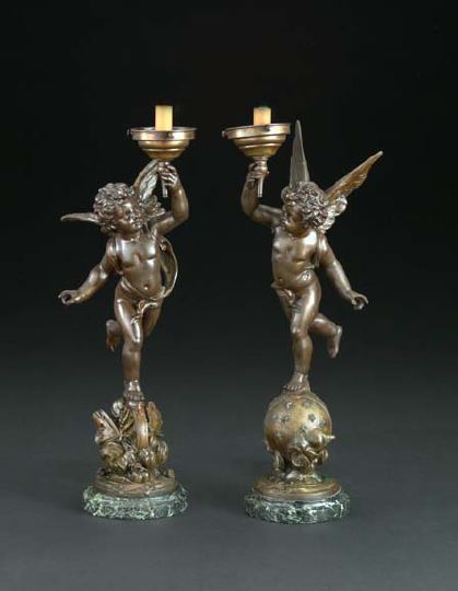 Appraisal: Near-Pair of French Bronze-Patinated Spelter Hall Lamps featuring running putti