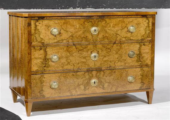 Appraisal: A CHEST OF DRAWERS Biedermeier Switzerland Burled wood Brass mounts