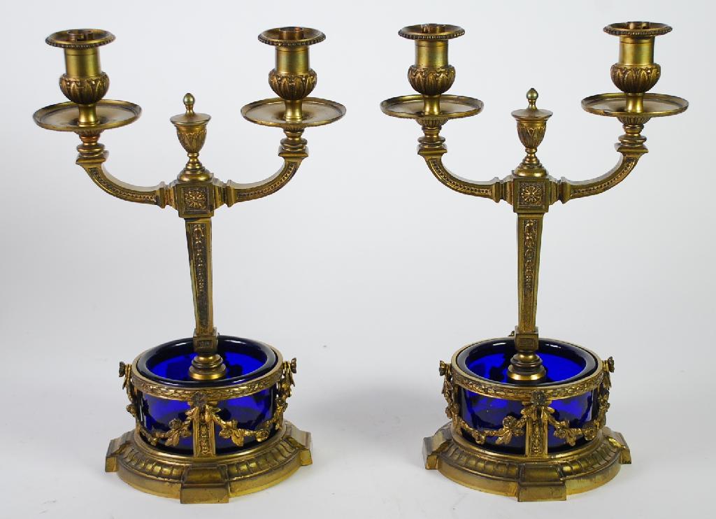 Appraisal: PAIR OF EARLY TWENTIETH CENTURY GILT METAL AND BLUE GLASS