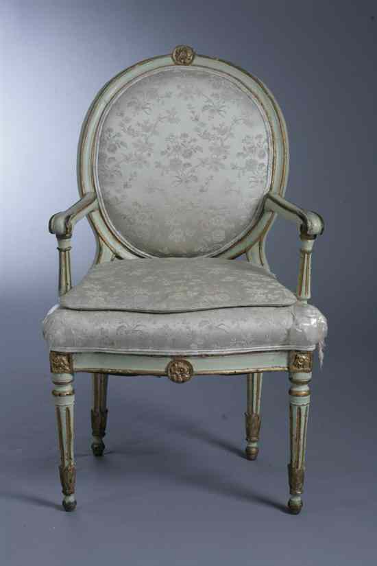 Appraisal: LOUIS XVI PAINTED GILT-DECORATED AND UPHOLSTERED FAUTEUIL Oval back panel