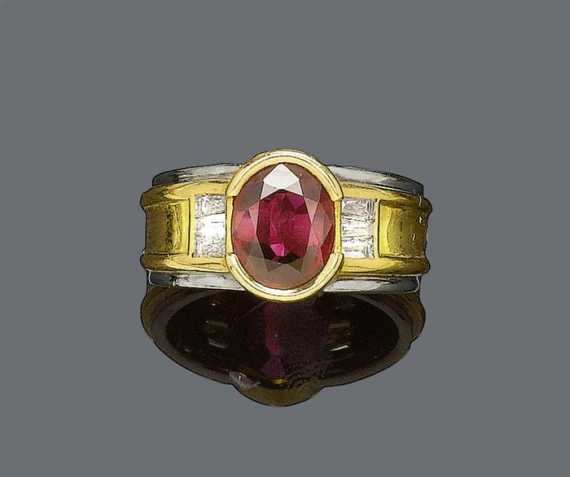 Appraisal: RUBY AND DIAMOND RING FRIEDEN Yellow and white gold Casual-elegant