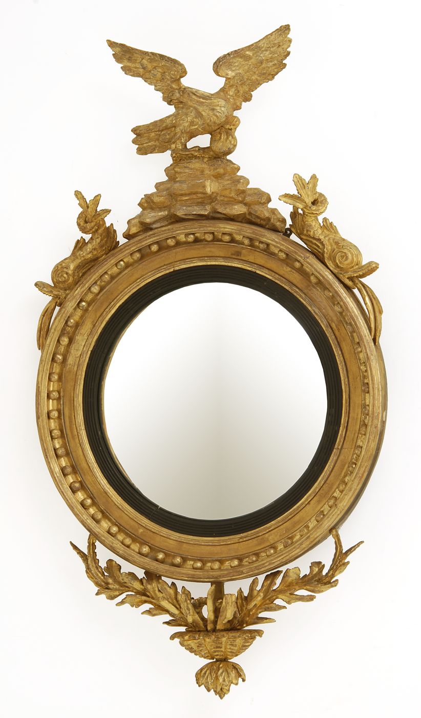 Appraisal: ANTIQUE FEDERAL GILT GIRANDOLE MIRROR With eagle pediment flanked by