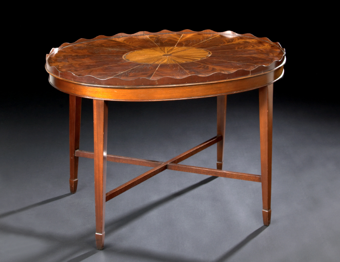 Appraisal: Edwardian Inlaid Mahogany Tray Table ca the oval tray with