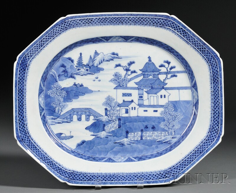 Appraisal: Canton-decorated Porcelain Platter China mid- th century chamfered rectangular platter