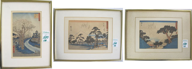 Appraisal: THREE JAPANESE COLOR WOODCUTS after the originals by Hiroshige -