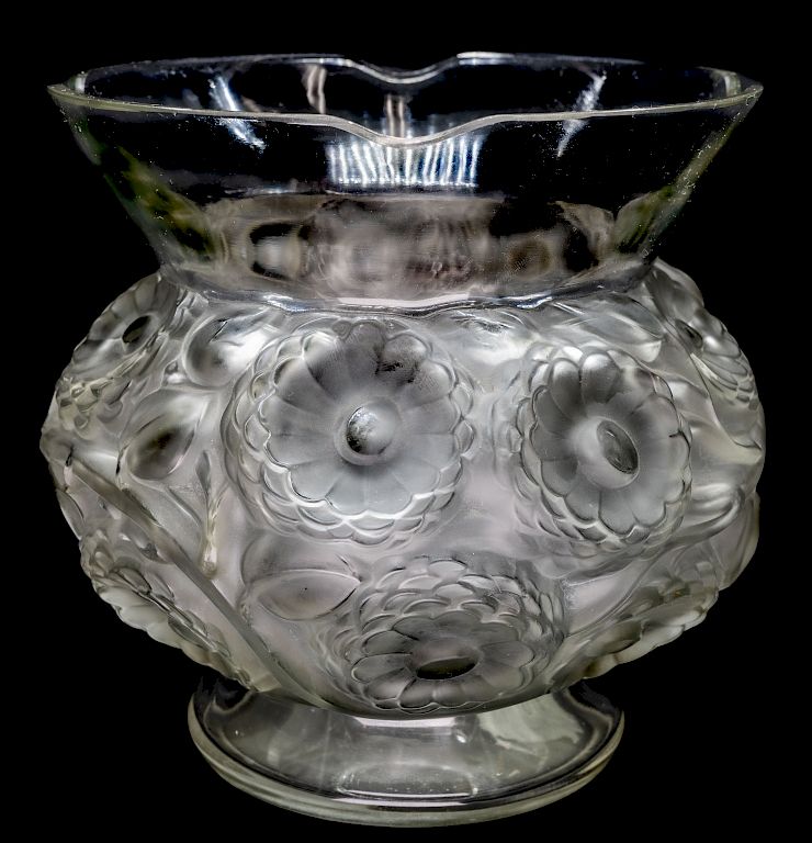 Appraisal: Renee Lalique Floral Vase Block Signature R Lalique Large Floral